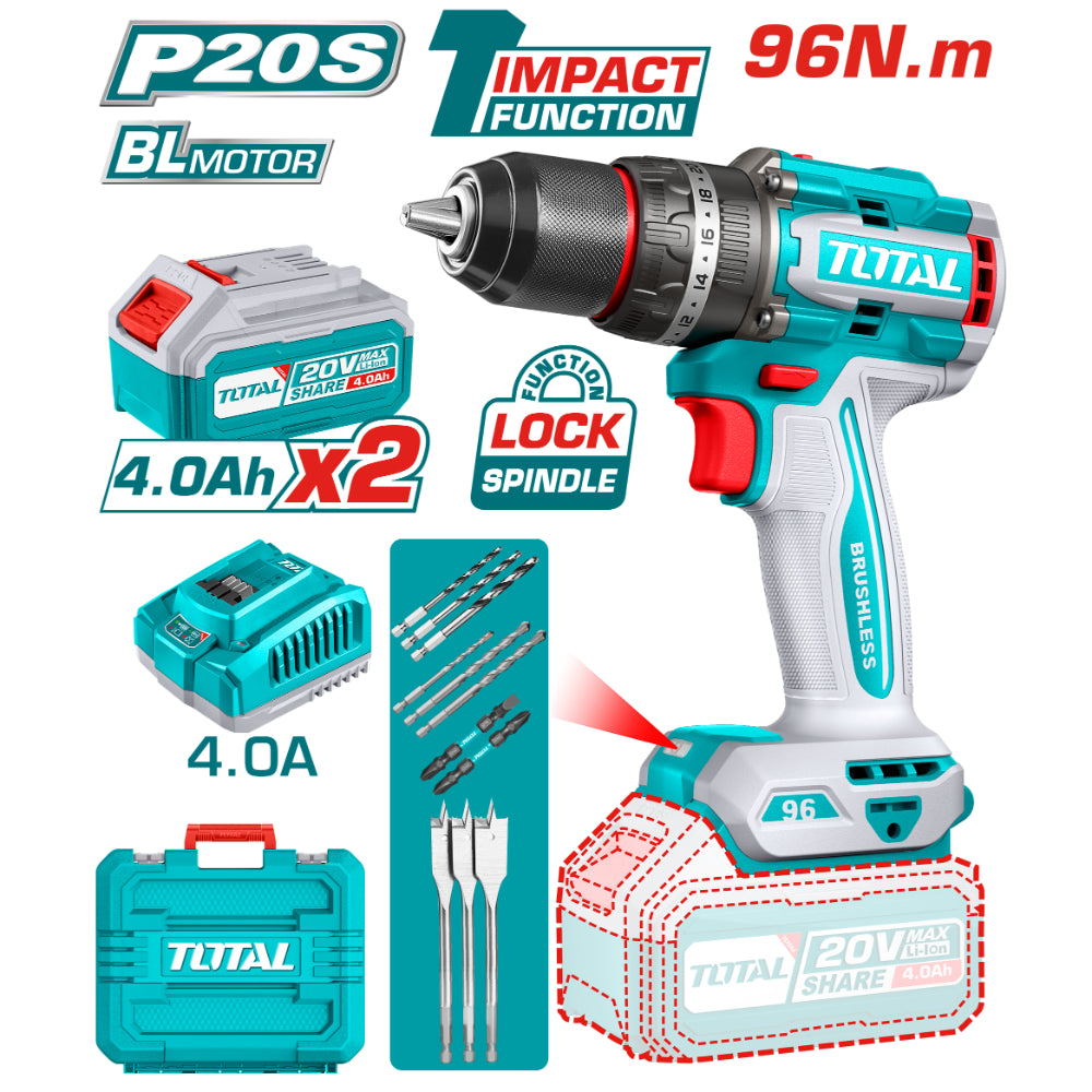 Акумулаторен ударен безчетков винтоверт TOTAL Industrial, 20 V, 96 Nm, 2 x 4 Ah