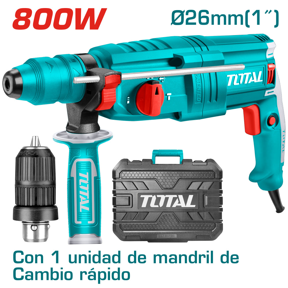 Електрически перфоратор с допълнителен патронник TOTAL, куфар, SDS+, 800 W