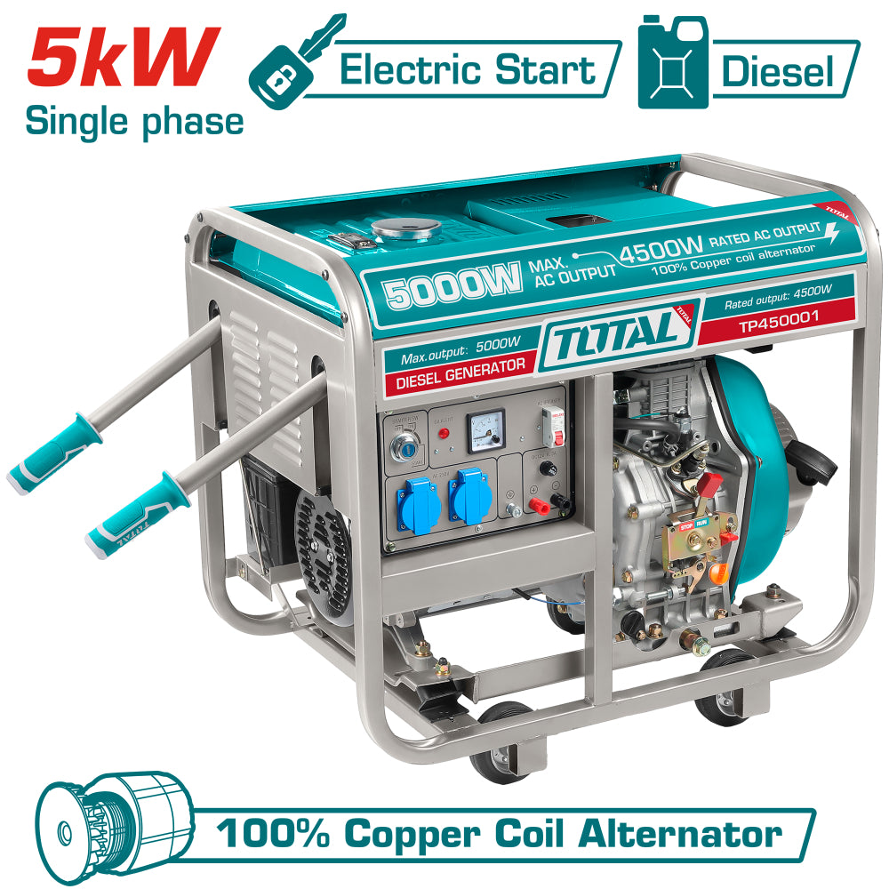 Дизелов монофазен генератор с дръжки и колела TOTAL, AVR, 5 kW