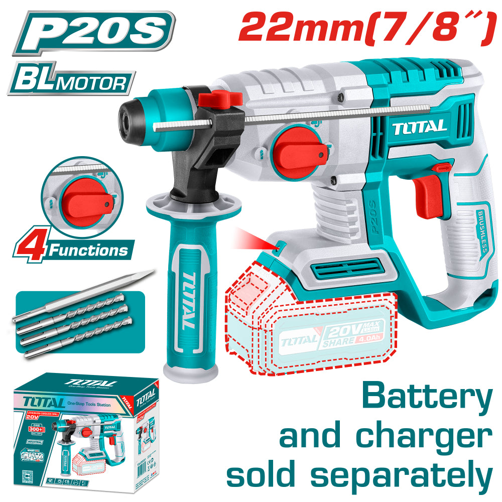 Акумулаторен перфоратор TOTAL Industrial, Brushless, SDS+, 20 V, без батерия