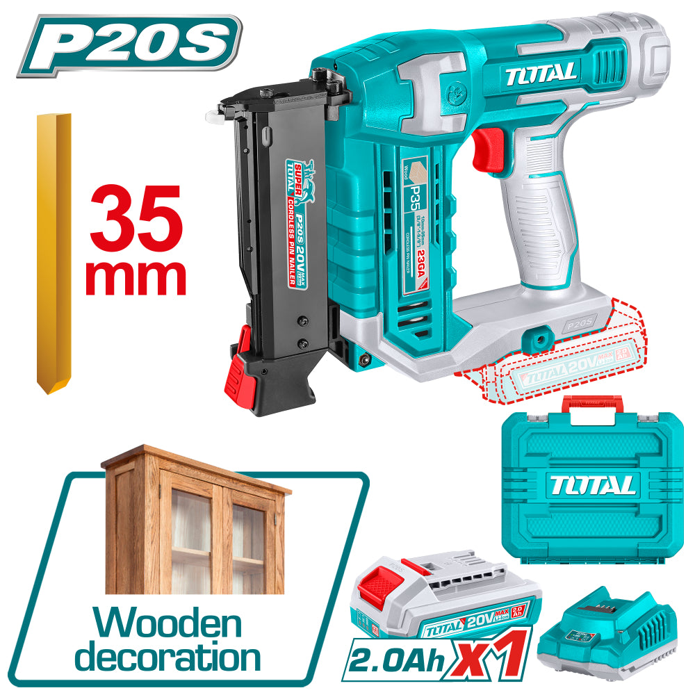 Акумулаторен такер за пирони TOTAL INDUSTRIAL, 20 V, 23GA, 10 - 35 мм, 1 x 2 Ah