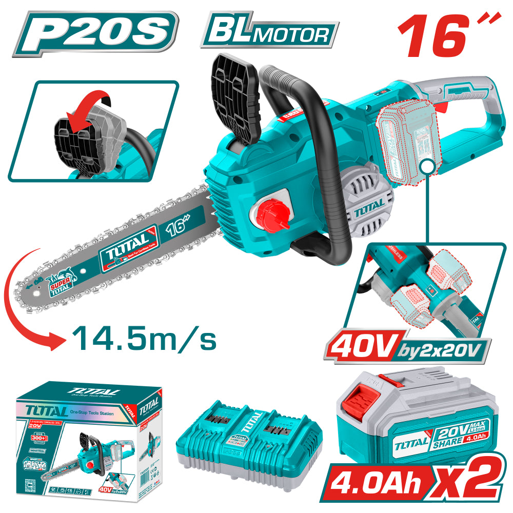 Акумулаторен безчетков верижен трион TOTAL INDUSTRIAL, 16", 40 V, 2 x 4.0 Ah