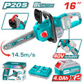 Акумулаторен безчетков верижен трион TOTAL INDUSTRIAL, 16", 40 V, 2 x 4.0 Ah
