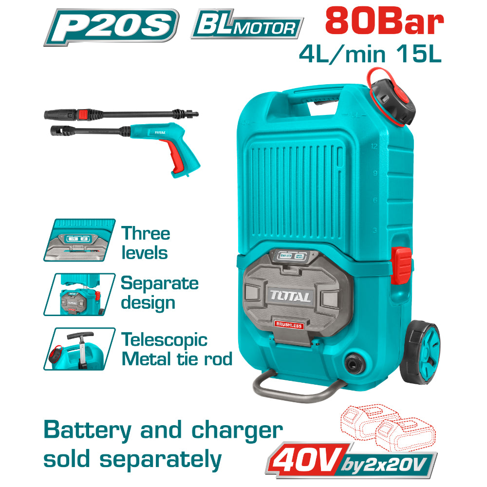 Акумулаторна безчеткова водоструйка TOTAL INDUSTRIAL, 40 V, 80 bar, без батерия