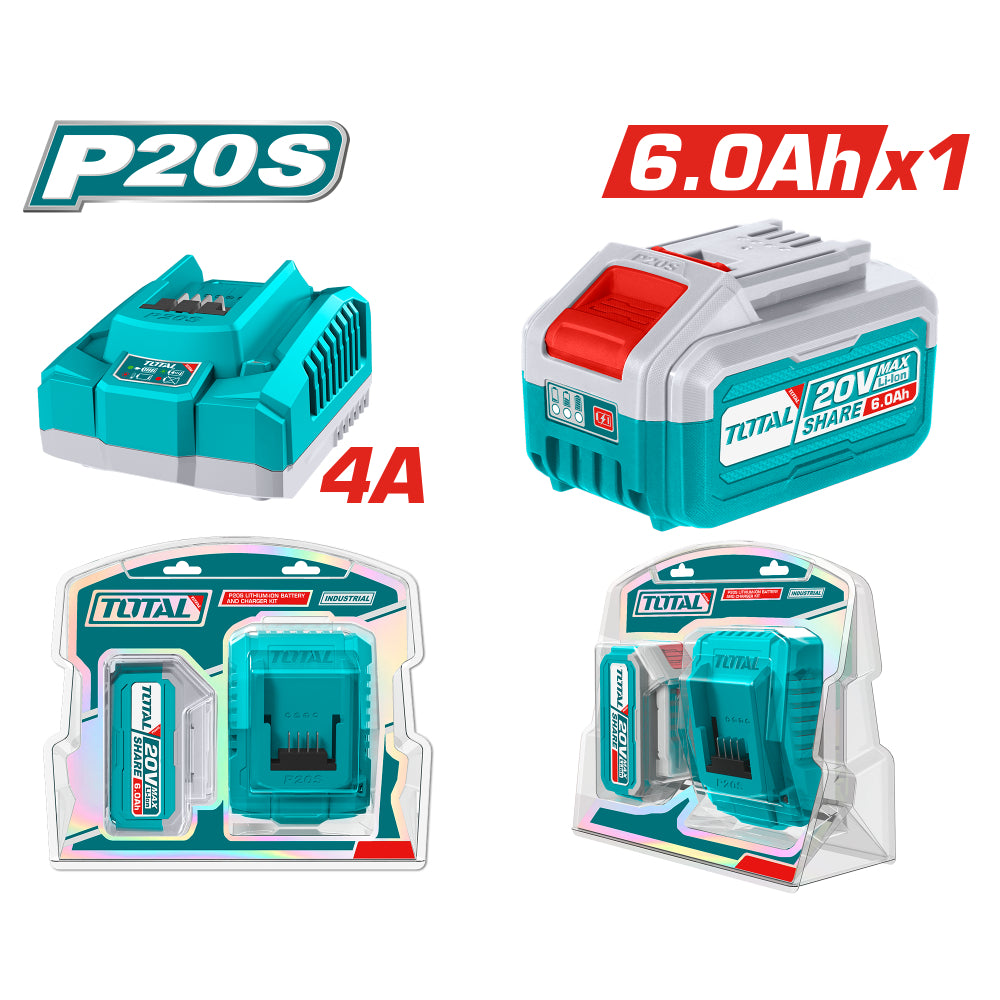 Комплект акумулаторна батерия и зарядно TOTAL INDUSTRIAL, 20 V, 6.0 Ah