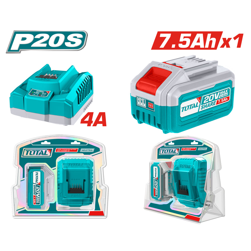 Комплект акумулаторна батерия и зарядно TOTAL INDUSTRIAL, 20 V, 7.5 Ah