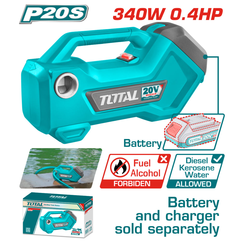 Акумулаторна помпа за вода и масло TOTAL Industrial, 20 V, 2800 L/h, без батерия
