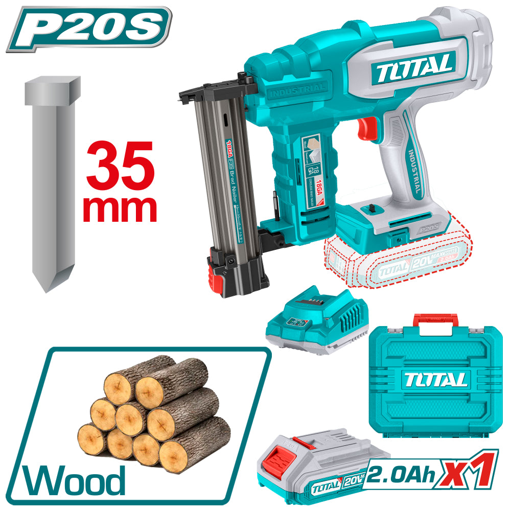 Акумулаторен такер за пирони TOTAL INDUSTRIAL, GA18, 15 - 35 мм, 20 V, 1 x 2 Ah