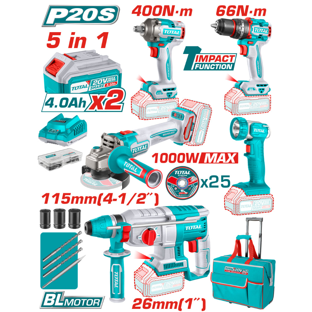 Комплект акумулаторни инструменти TOTAL INDUSTRIAL, 5в1, 20 V, 2 x 4 Ah