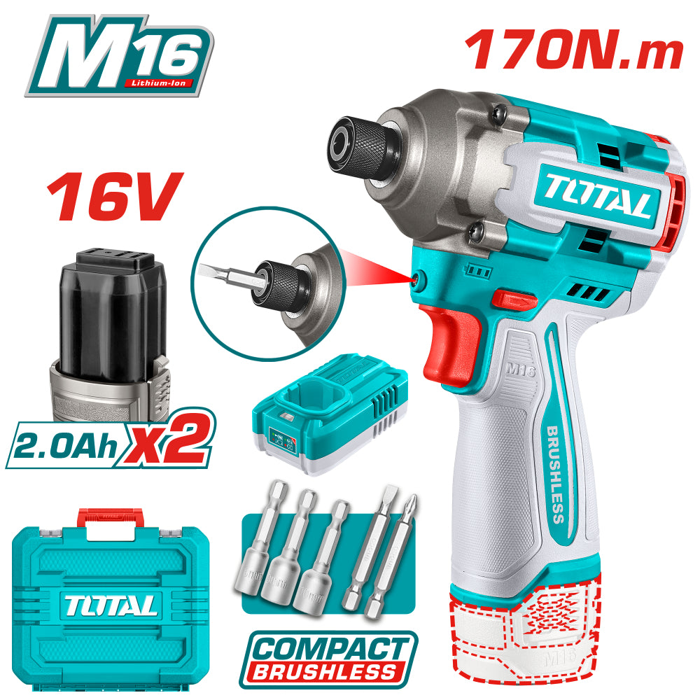 Акумулаторен ударен винтоверт TOTAL INDUSTRIAL, 16 V, 2 x 2 Ah, 170 Nm