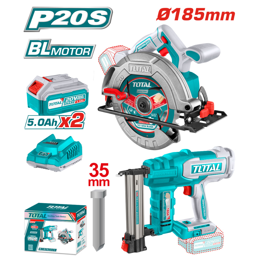 Комплект акумулаторни такер и ръчен циркуляр TOTAL INDUSTRIAL, 20 V, 2 x 5 Ah