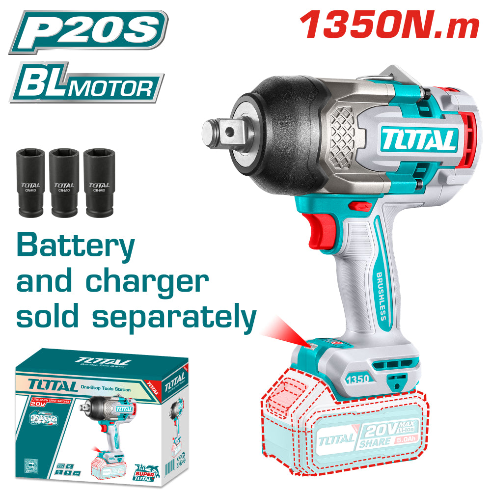 Акумулаторен ударен безчетков гайковерт TOTAL INDUSTRIAL, 3/4", 20 V, 1350 Nm, без батерия