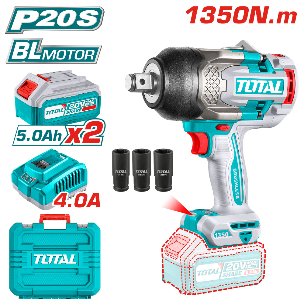 Акумулаторен ударен безчетков гайковерт TOTAL INDUSTRIAL, 3/4", 20 V, 1350 Nm, 2 x 5 Ah