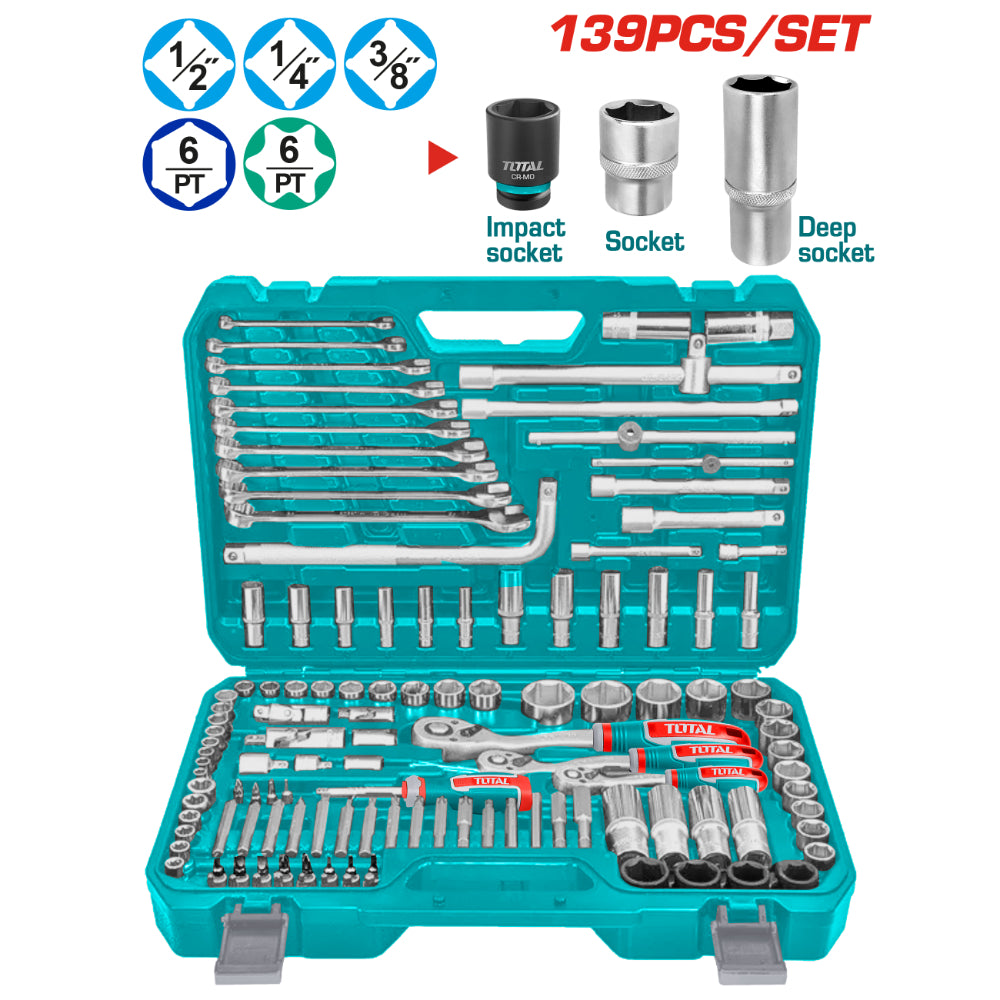 Комплект инструменти TOTAL INDUSTRIAL, 1/2" + 1/4" + 3/8", 139 части