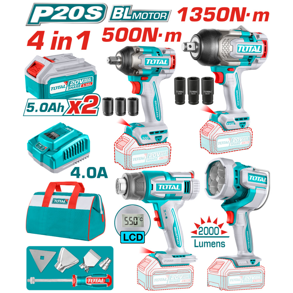 Комплект акумулаторни инструменти TOTAL INDUSTRIAL, 20 V, 2 x 5 Ah