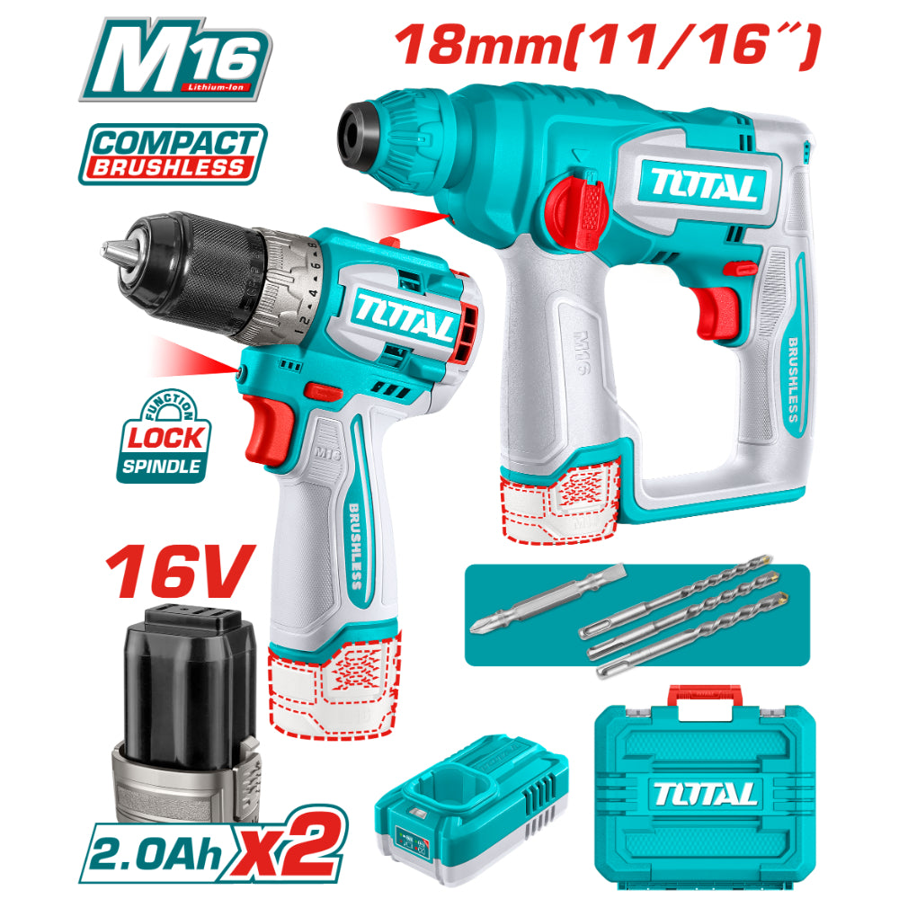 Комплект акумулаторни перфоратор и винтоверт TOTAL INDUSTRIAL, 16 V, 2 x 2 Ah