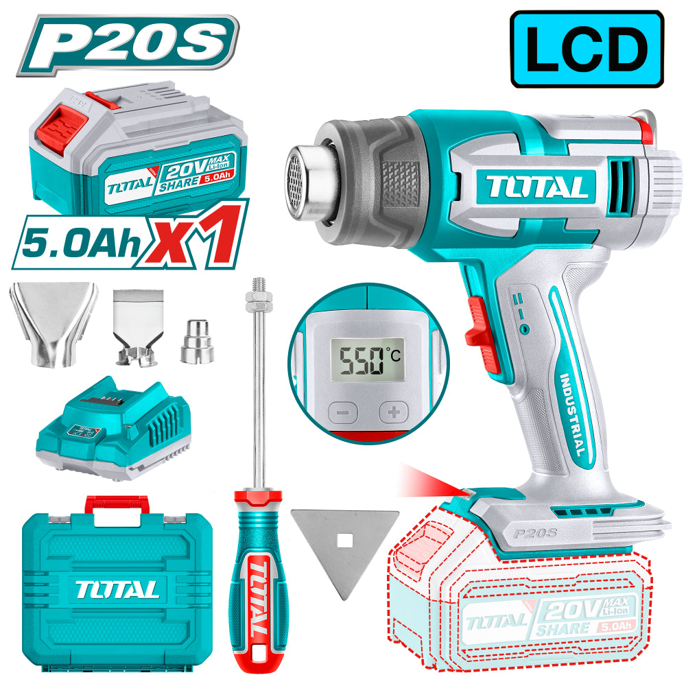 Акумулаторен пистолет за горещ въздух TOTAL INDUSTRIAL, LCD, 20 V, 1 x 5 Ah