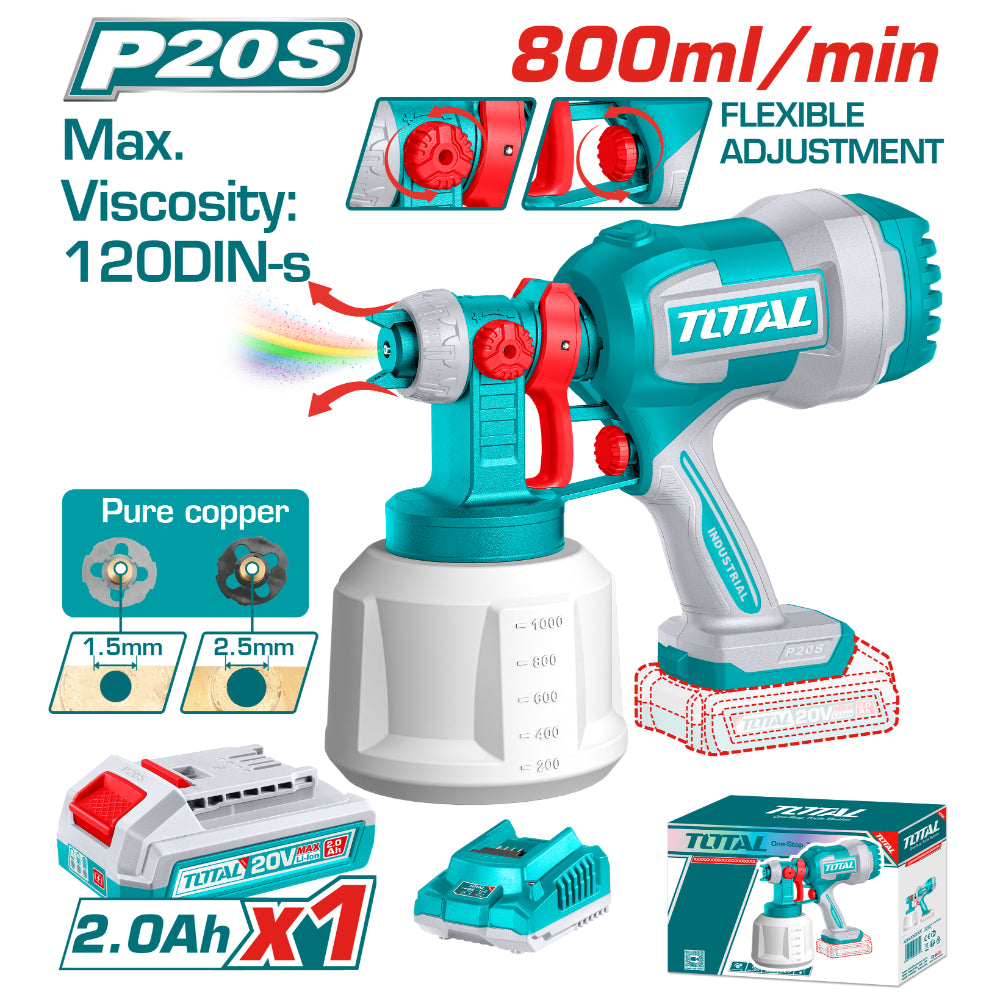 Акумулаторен пистолет за боядисване TOTAL, 20 V, 1 L, 1 x 2 Ah