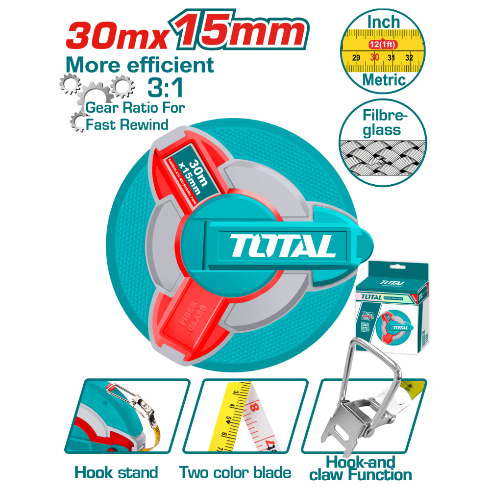 Ролетка геодезическа TOTAL INDUSTRIAL, 30 м, 15 мм