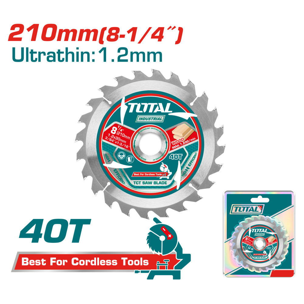 Карбиден диск за циркуляр, за рязане на дърво TOTAL INDUSTRIAL, Ф 210 x 25.4, Т40