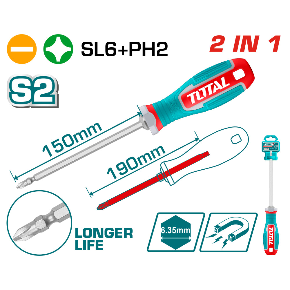 Отвертка 2в1 TOTAL, PH 2 + SL 6 x 150 мм