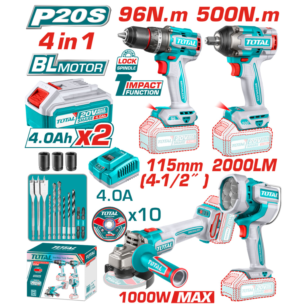 Комплект акумулаторни инструменти TOTAL INDUSTRIAL, 4в1, 20 V, 2 x 4 Ah
