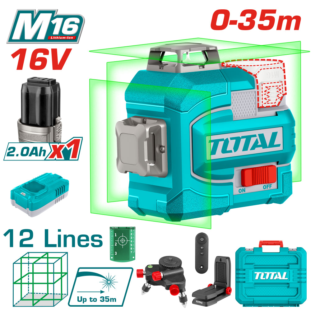 Акумулаторен лазерен нивелир TOTAL INDUSTRIAL, 16 V, 35 m, 1 x 2.0 Ah