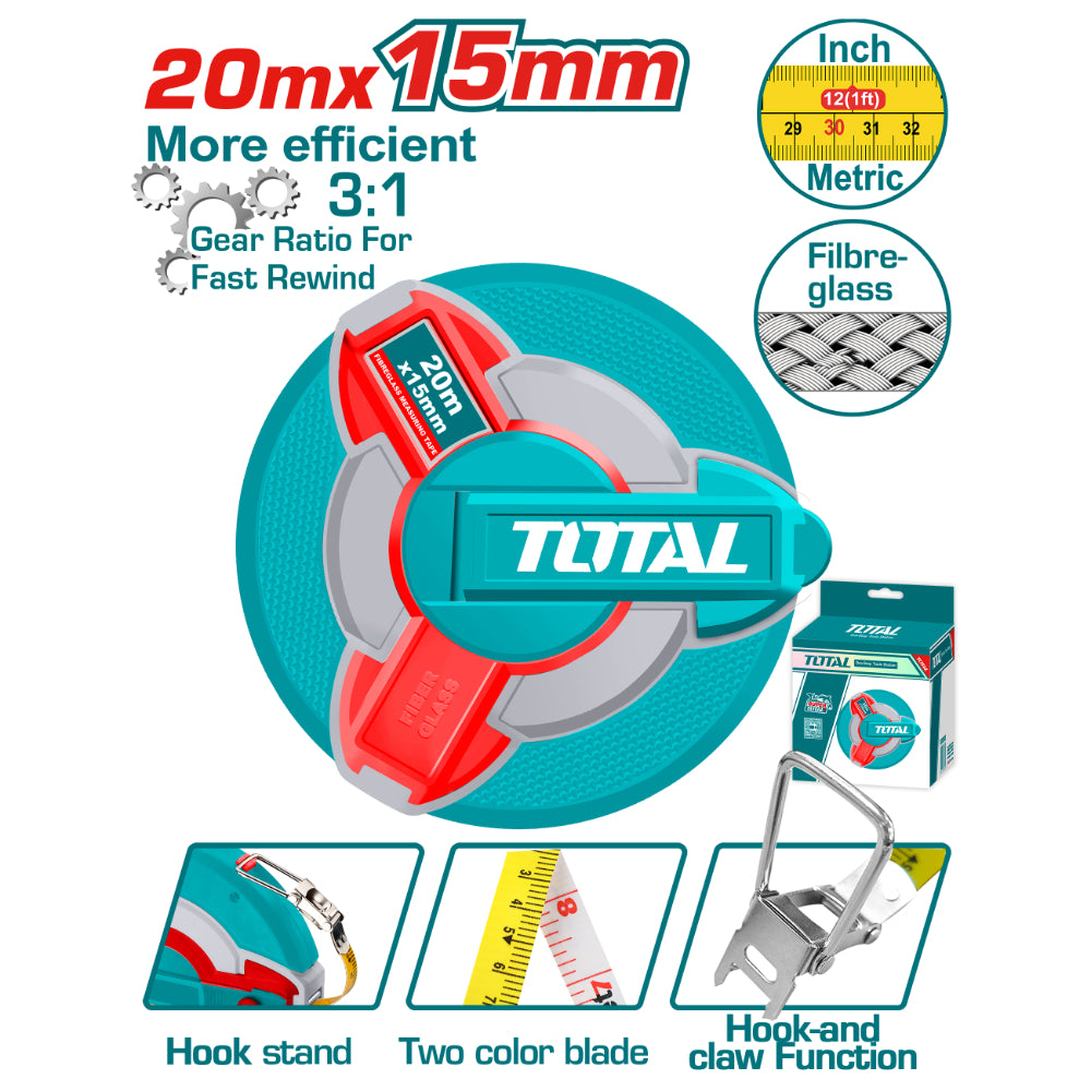 Ролетка геодезическа TOTAL INDUSTRIAL, 20 м, 15 мм