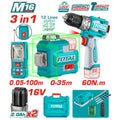 Комплект ударен винтоверт, лазерни нивелир и ролетка TOTAL, 16 V, 2 x 2 Ah