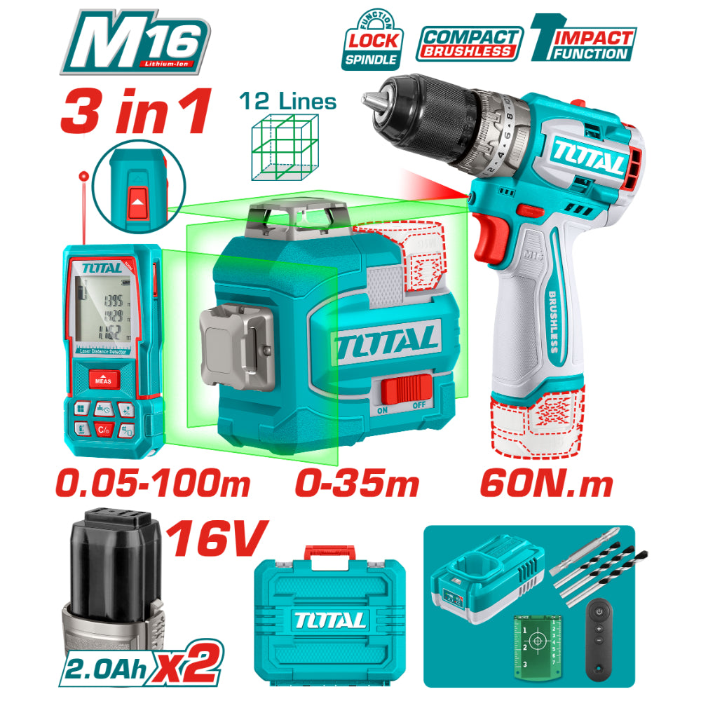 Комплект ударен винтоверт, лазерни нивелир и ролетка TOTAL, 16 V, 2 x 2 Ah