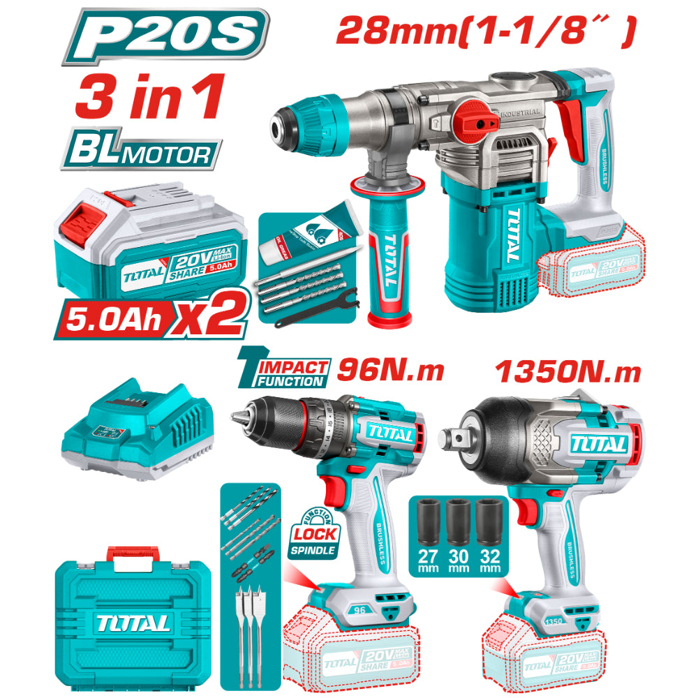 Комплект акумулаторни инструменти TOTAL TOSLI250281E, 20 V, 2 x 5 Ah