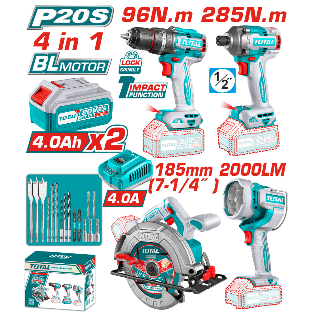 Комплект акумулаторни инструменти TOTAL TOSLI241297E, 20 V, 2 x 4 Ah