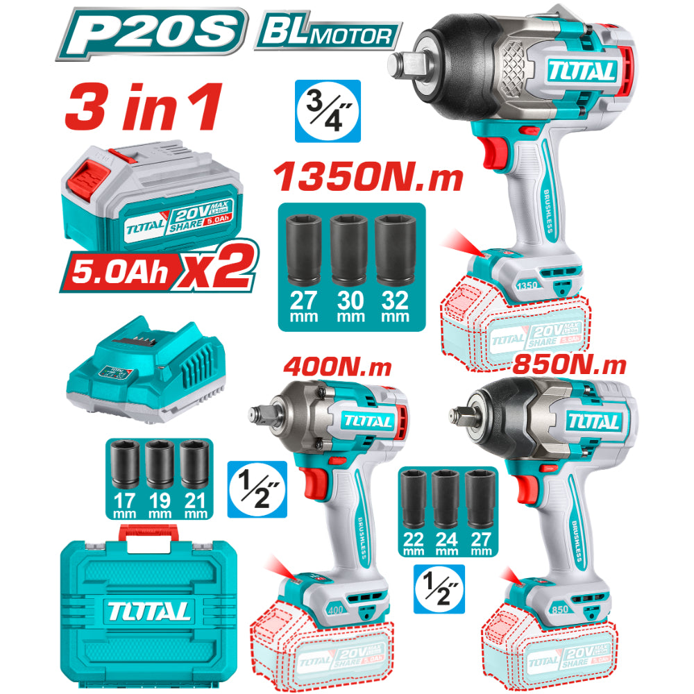 Комплект акумулаторни гайковерти TOTAL, 3в1, 20 V, 2 x 5 Ah