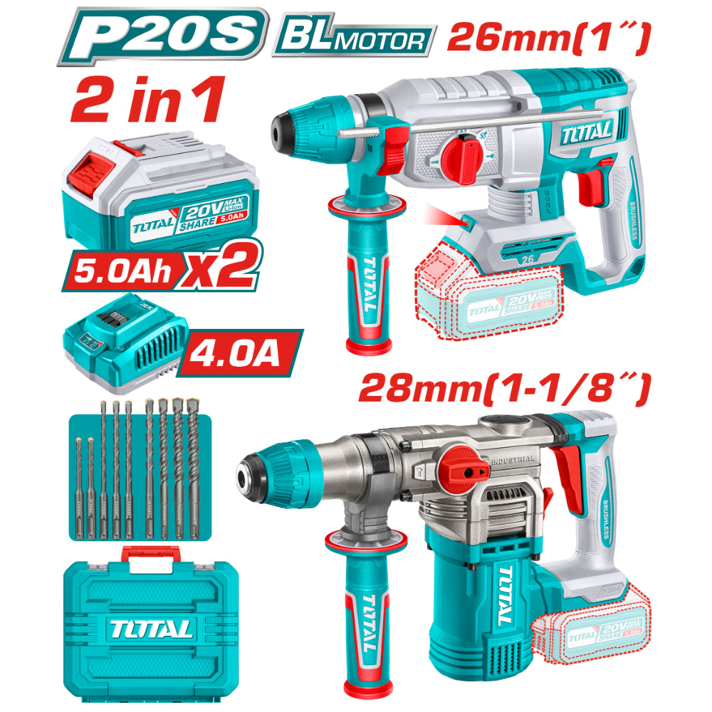 Комплект акумулаторни перфоратори TOTAL INDUSTRIAL, 2в1, 20 V, 2 x 5 Ah