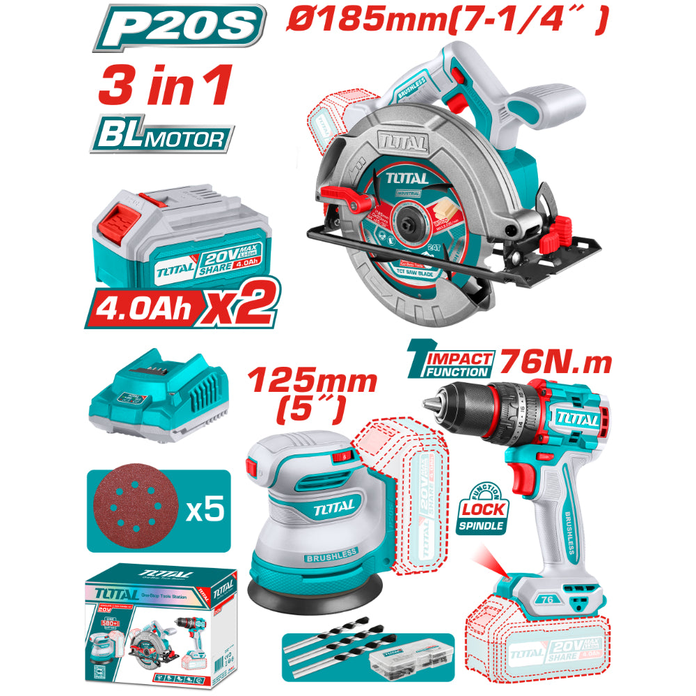 Комплект акумулаторни инструмени TOTAL TOSLI250181E, 3в1, 20 V, 2 x 4 Ah