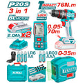 Комплект акумулаторен винтоверт, лазерни ролетка и нивелир TOTAL, 20 V, 2 x 2 Ah
