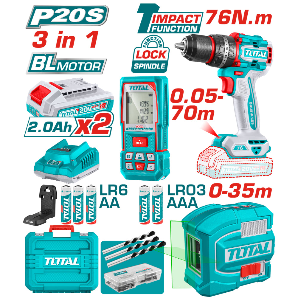 Комплект акумулаторен винтоверт, лазерни ролетка и нивелир TOTAL, 20 V, 2 x 2 Ah