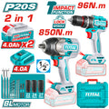 Комплект акумулаторни ударни винтоверт и гайковерт TOTAL, 20 V, 2 x 4 Ah