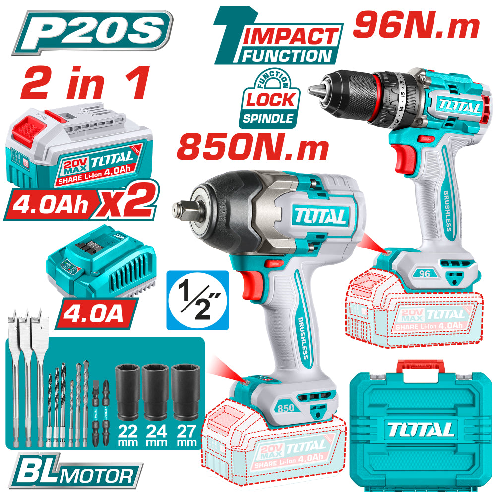 Комплект акумулаторни ударни винтоверт и гайковерт TOTAL, 20 V, 2 x 4 Ah