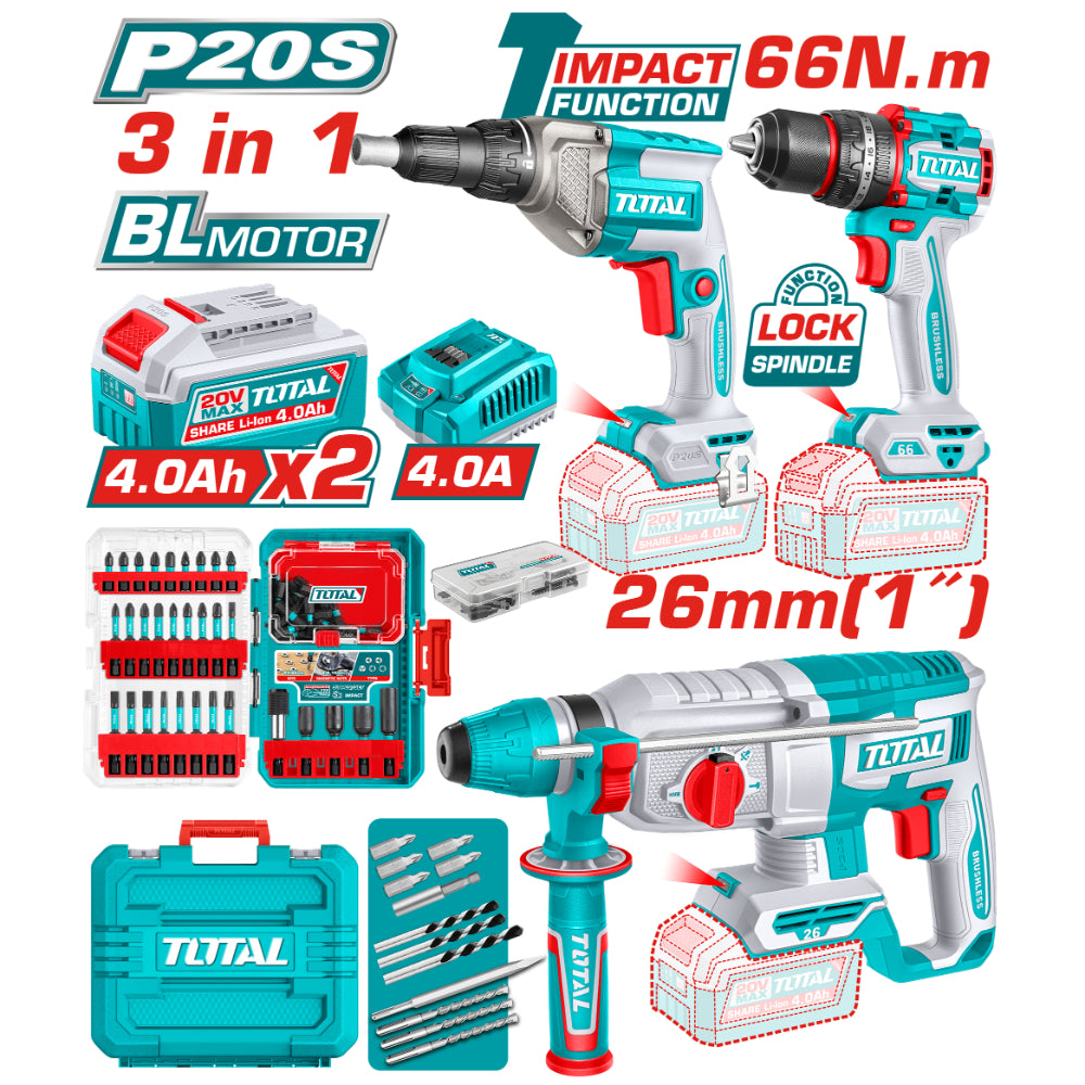 Комплект акумулаторни инструменти TOTAL TOSLI250591E, 20 V, 2 x 4 Ah