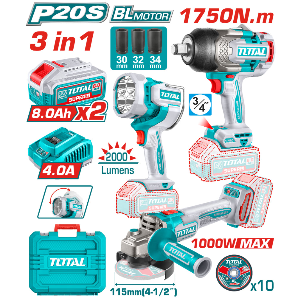 Комплект акумулаторни инструменти TOTAL TOSLI250593E, 20 V, 2 x 8 Ah