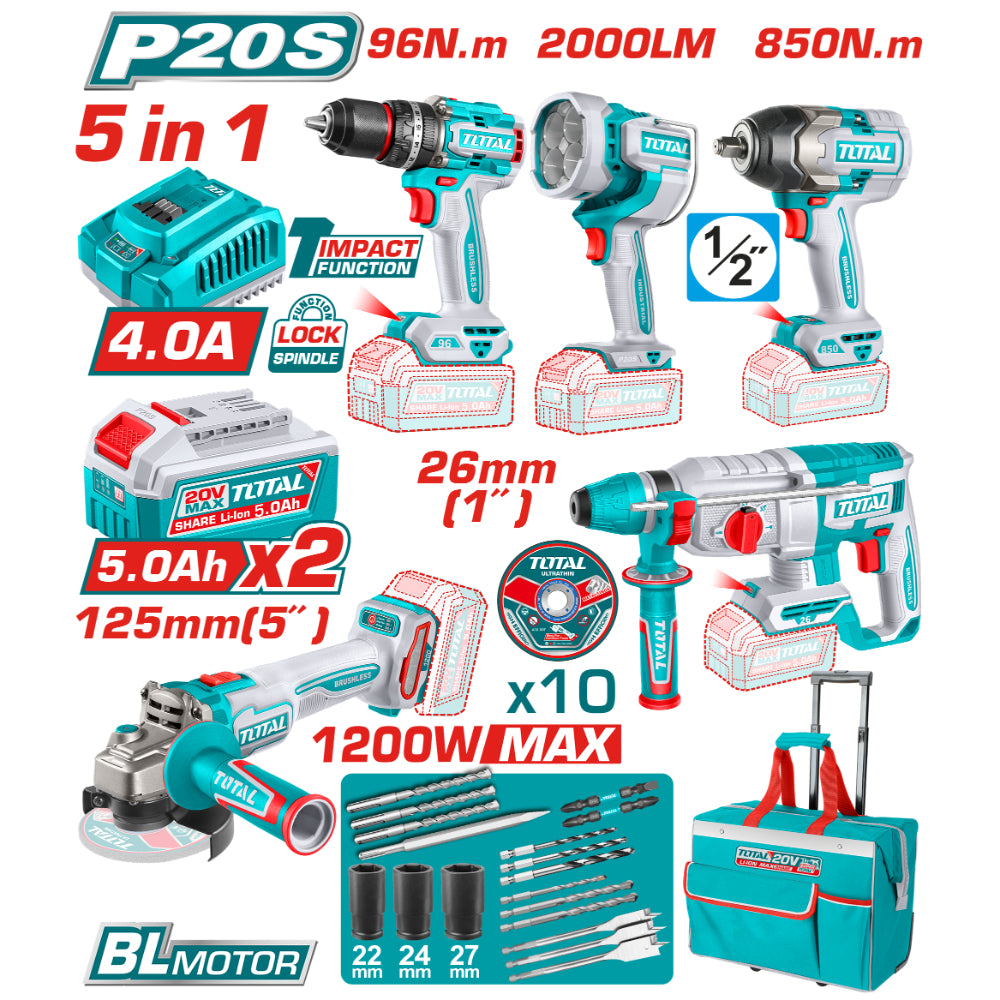 Комплект акумулаторни инструменти TOTAL TCKLI20596, 5в1, 20 V, 2 x 5 Ah