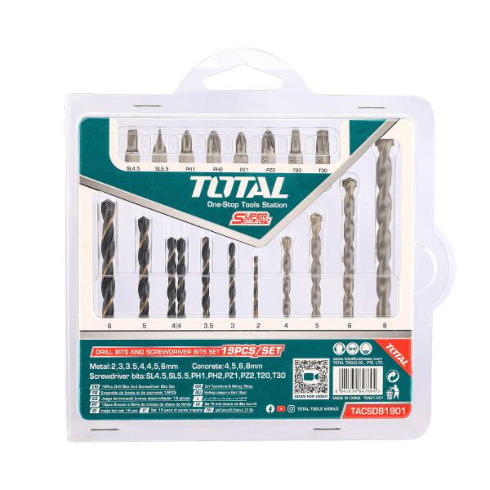 Комплект свредла и битове TOTAL, 19 части