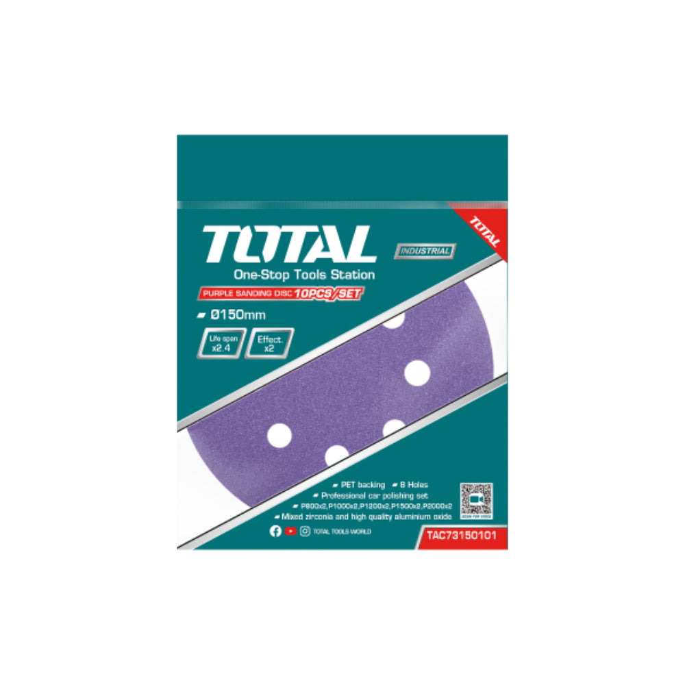 Фибър диск TOTAL Industrial, велкро, 8 отвора, Ф 150 мм, Р800 - Р2000, 10 броя