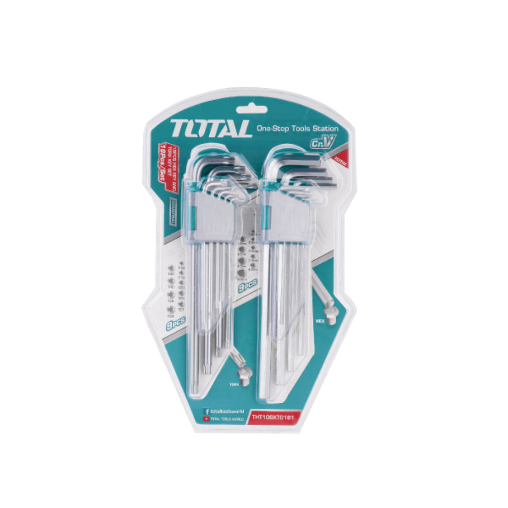 Комплект Г-образни ключове TOTAL Industrial Ex-Long, CrV, SW+TX, 18 броя
