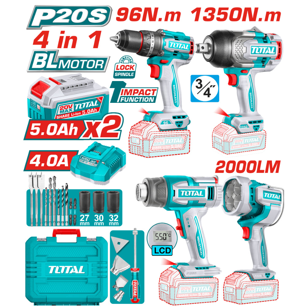 Комплект акумулаторни инструменти TOTAL TOSLI250608E, 20 V, 2 x 5 Ah
