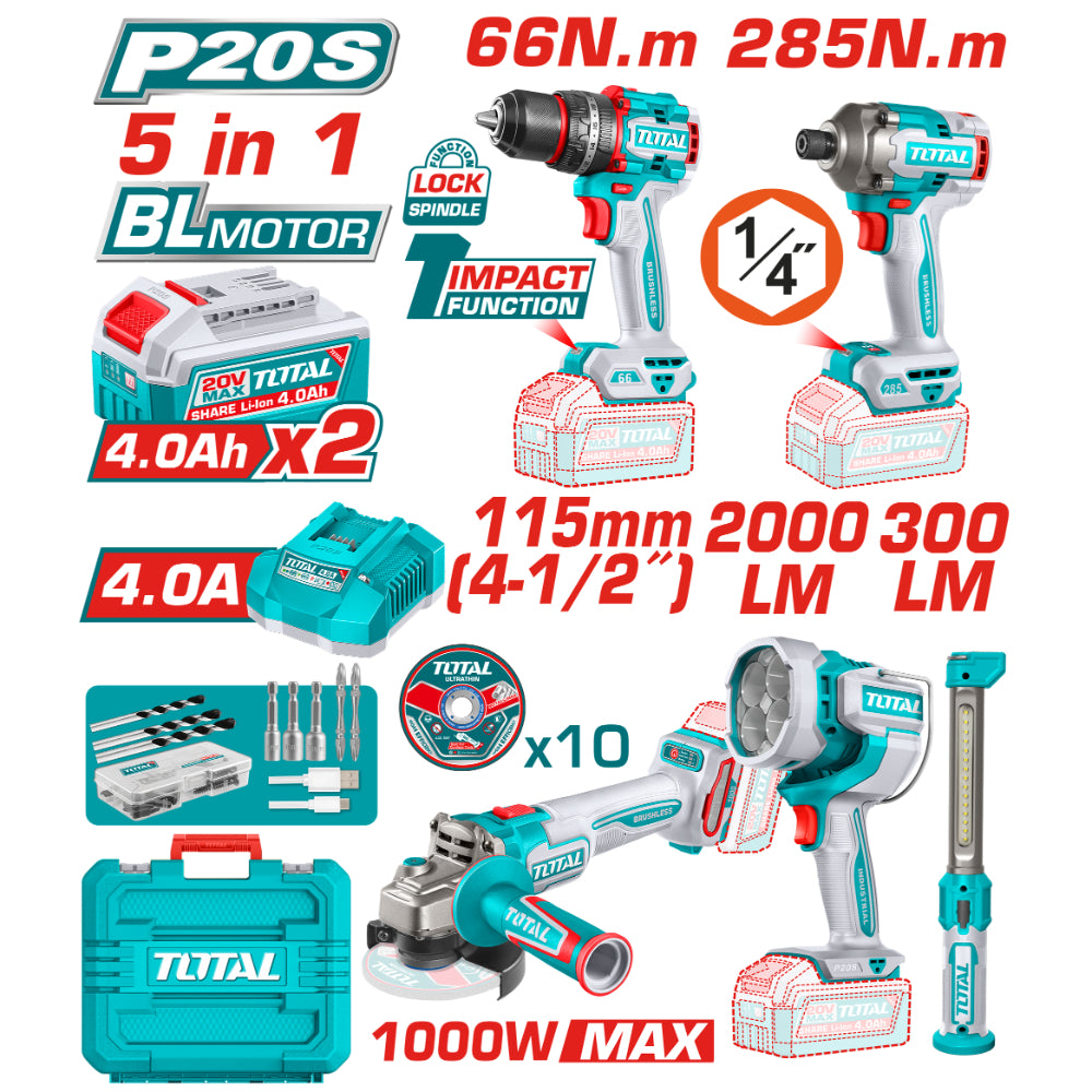 Комплект акумулаторни инструменти TOTAL TOSLI250692E, 20 V, 2 x 4 Ah