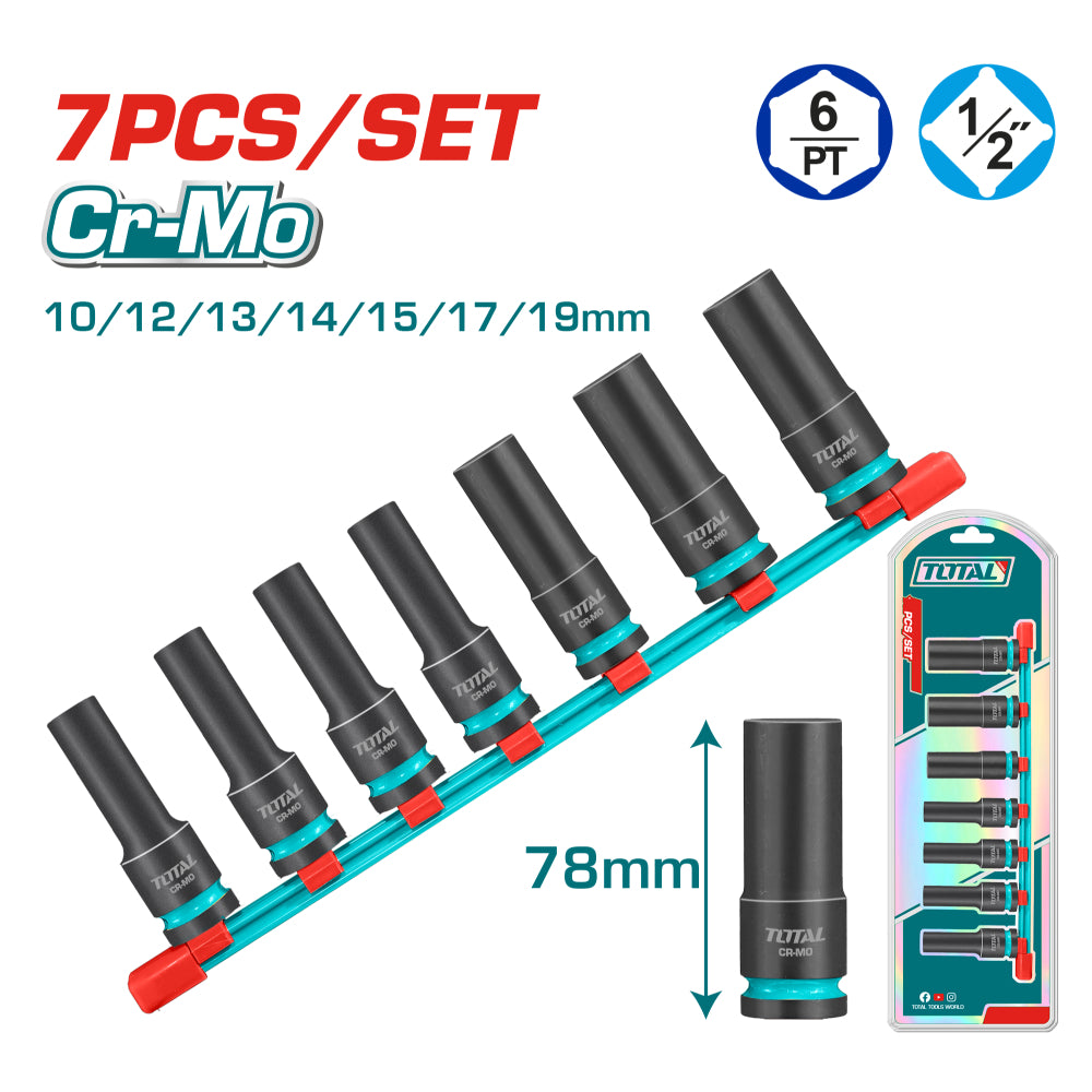 Комплект удължени шестостенни ударни вложки TOTAL INDUSTRIAL, 1/2", 7 части