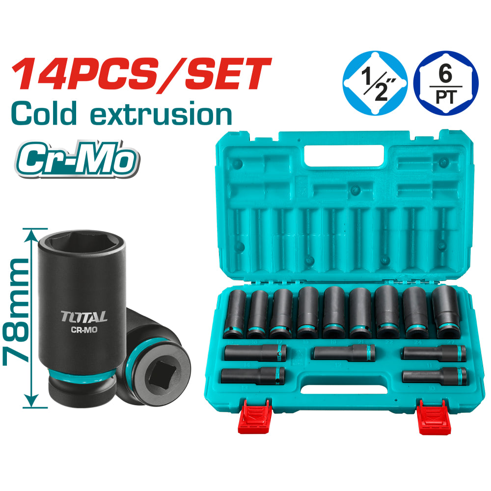 Комплект удължени шестостенни ударни вложки TOTAL INDUSTRIAL, 1/2", 14 части