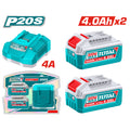 Комплект акумулаторни батерии и зарядно TOTAL INDUSTRIAL, 20 V, 2 x 4.0 Ah, 3 части